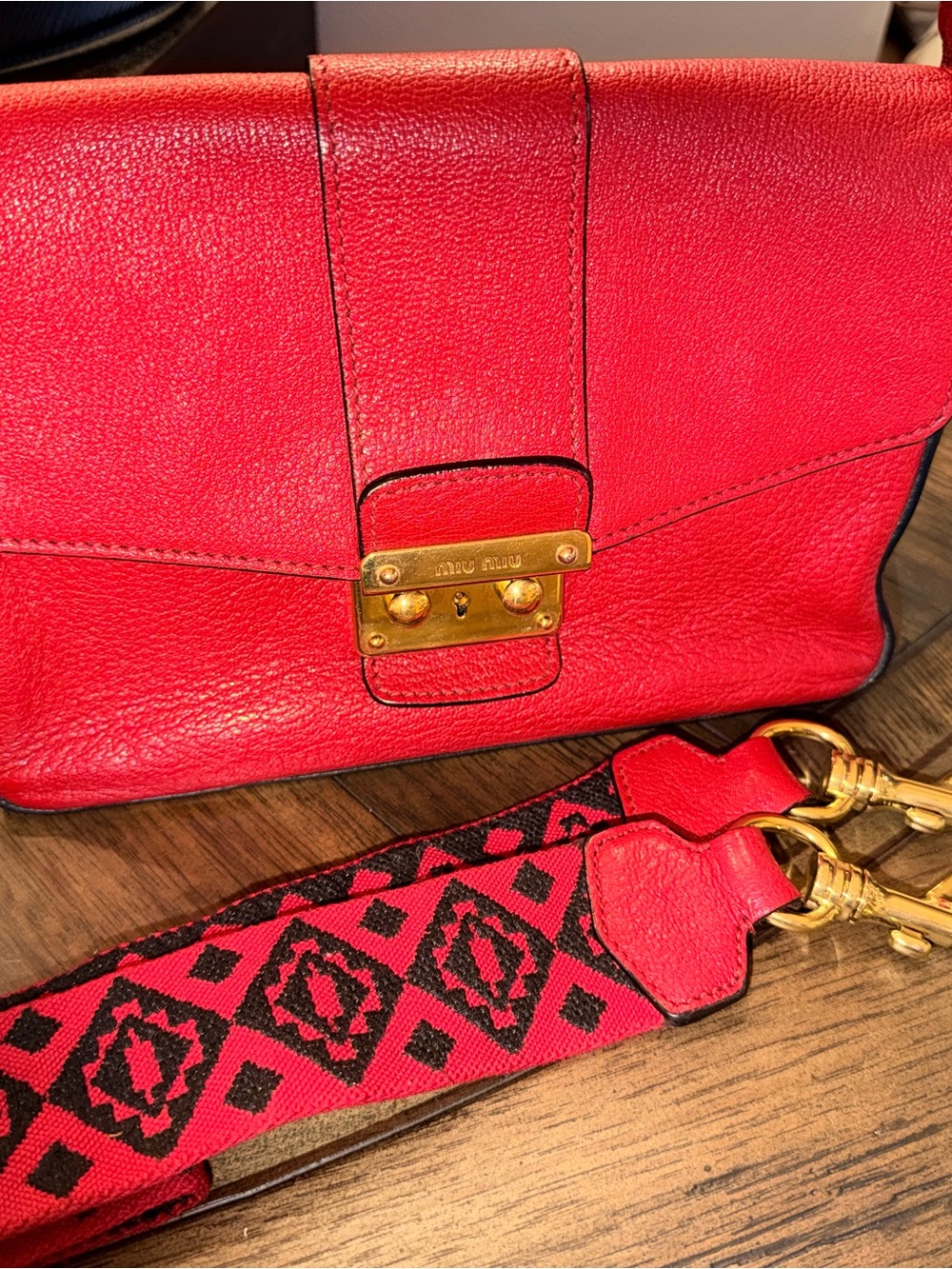 Miu Miu Red Leather Crossbody with Patterned Strap